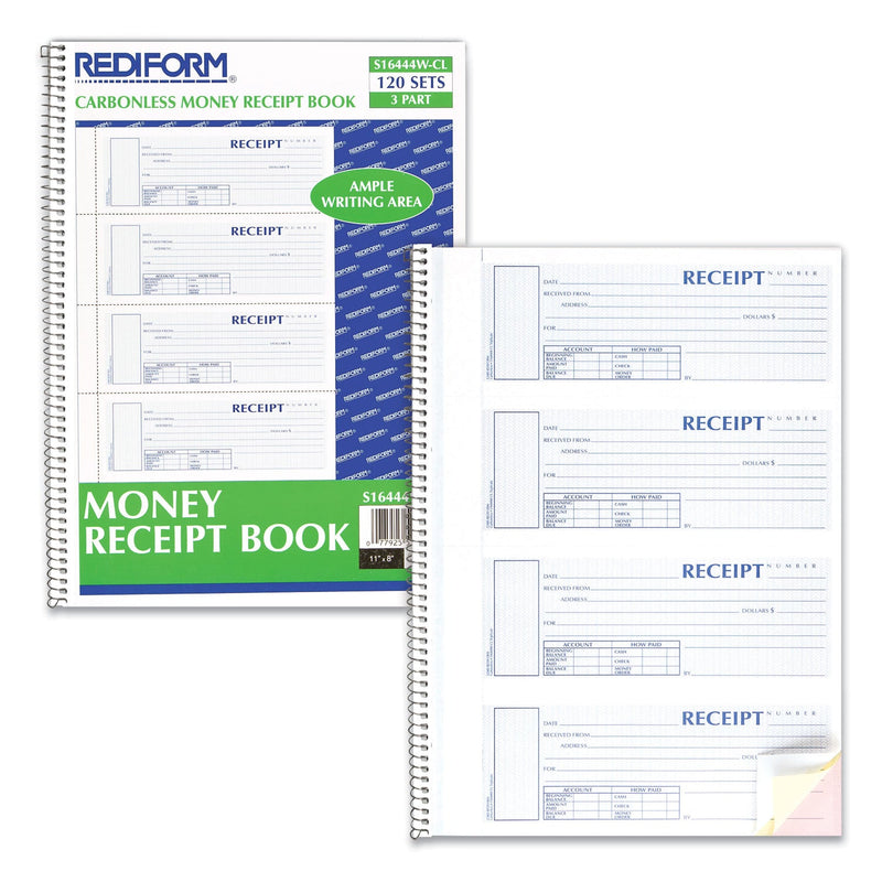 Rediform Spiralbound Unnumbered Money Receipt Book, Three-Part Carbonless, 7 x 2.75, 4/Page, 120 Forms
