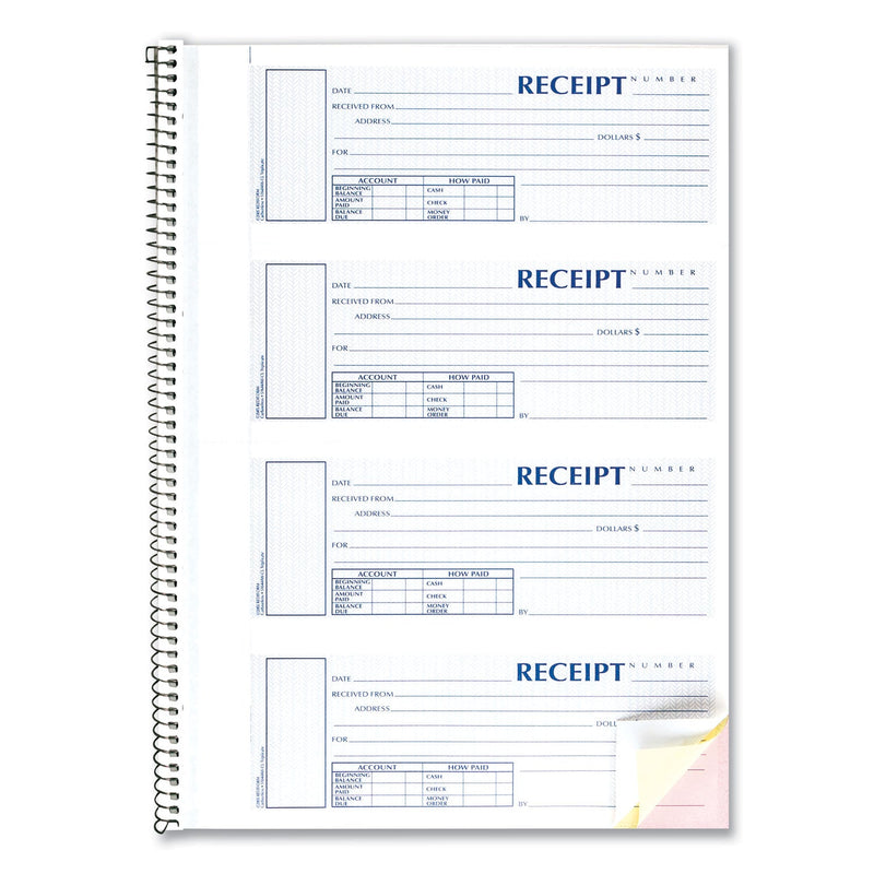 Rediform Spiralbound Unnumbered Money Receipt Book, Three-Part Carbonless, 7 x 2.75, 4/Page, 120 Forms
