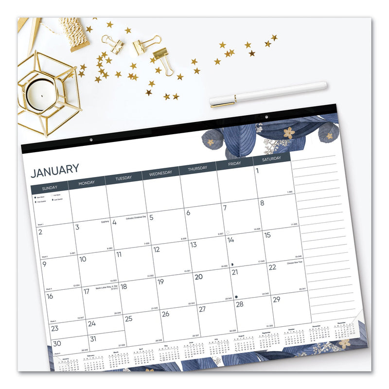 Blueline Monthly Desk Pad Calendar, Gold Detail Floral Artwork, 22 x 17, Black Binding, Clear Corners, 12-Month (Jan-Dec): 2023