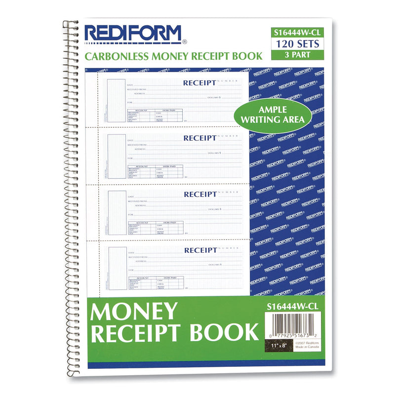 Rediform Spiralbound Unnumbered Money Receipt Book, Three-Part Carbonless, 7 x 2.75, 4/Page, 120 Forms