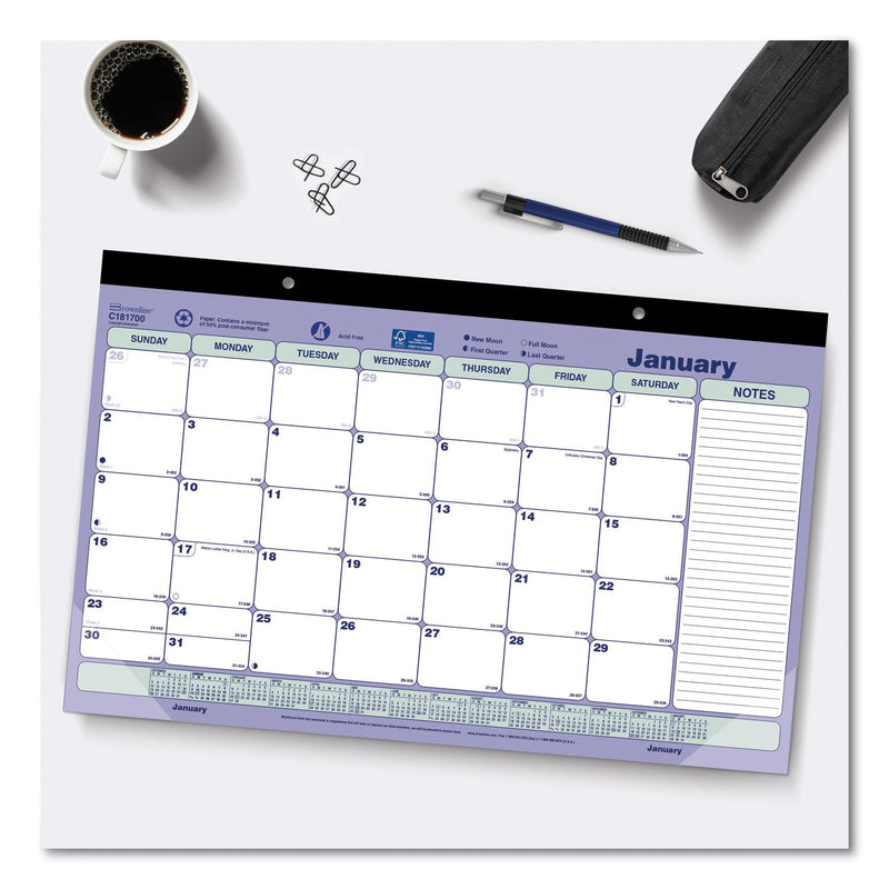 Brownline Monthly Desk Pad Calendar, 17.75 x 10.88, White/Blue/Green Sheets, Black Binding, Clear Corners, 12-Month (Jan to Dec): 2023