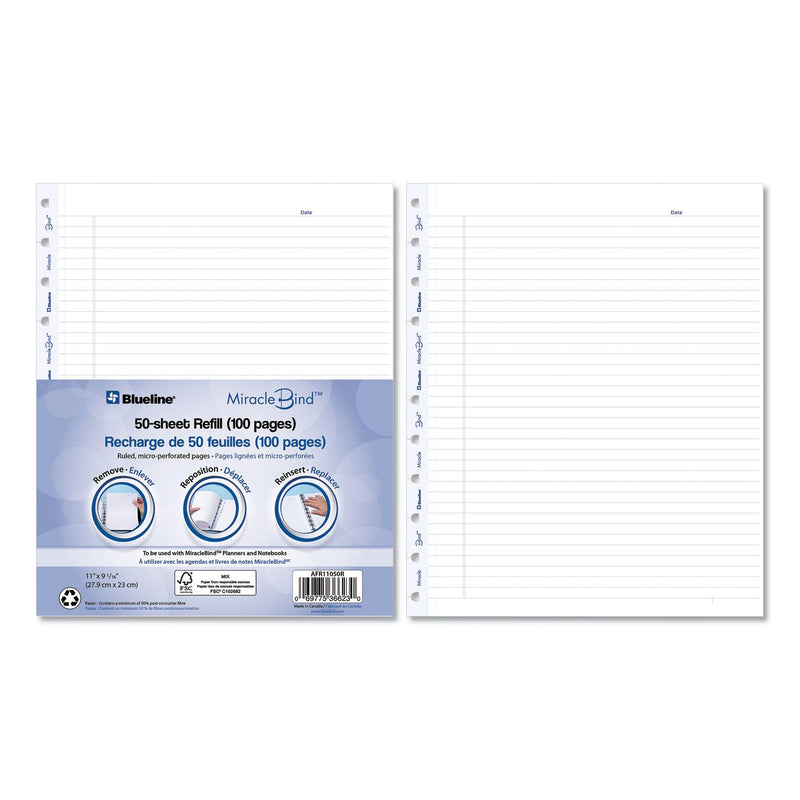 Blueline MiracleBind Ruled Paper Refill Sheets for all MiracleBind Notebooks and Planners, 11 x 9.06, White/Blue Sheets, Undated