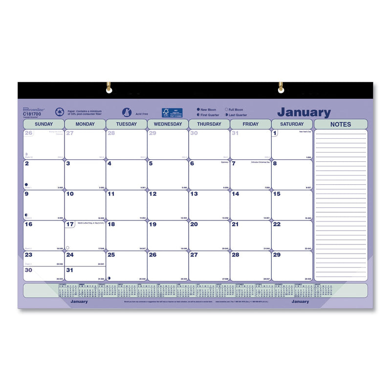 Brownline Monthly Desk Pad Calendar, 17.75 x 10.88, White/Blue/Green Sheets, Black Binding, Clear Corners, 12-Month (Jan to Dec): 2023