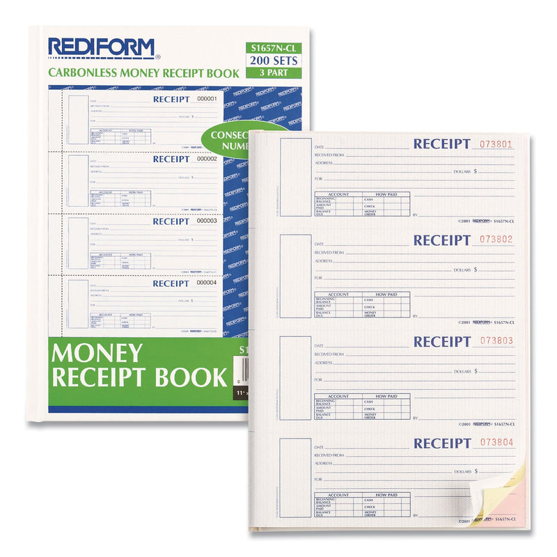Rediform Hardcover Numbered Money Receipt Book, Three-Part Carbonless, 6.78 x 2.75, 4/Page, 200 Forms
