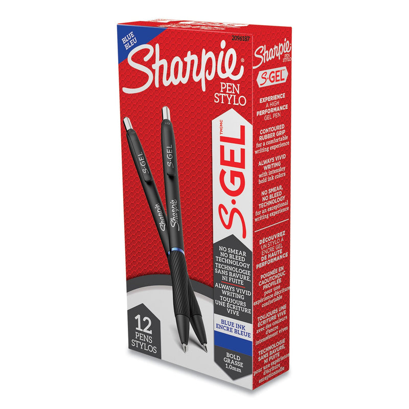 Sharpie S-Gel High-Performance Gel Pen, Retractable, Bold 1 mm, Blue Ink, Black Barrel, Dozen