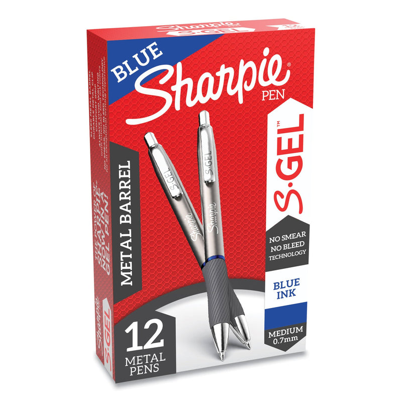 Sharpie S-Gel Premium Metal Barrel Gel Pen, Retractable, Medium 0.7 mm, Blue Ink, Gun Metal Gray Barrel, Dozen