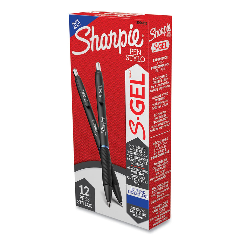 Sharpie S-Gel High-Performance Gel Pen, Retractable, Medium 0.7 mm, Blue Ink, Black Barrel, Dozen