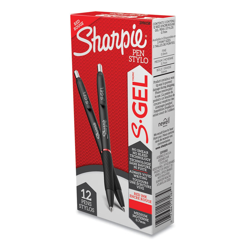 Sharpie S-Gel High-Performance Gel Pen, Retractable, Medium 0.7 mm, Red Ink, Black Barrel, Dozen