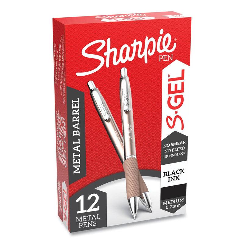 Sharpie S-Gel Premium Metal Barrel Gel Pen, Retractable, Medium 0.7 mm, Black Ink, Champagne Barrel, Dozen