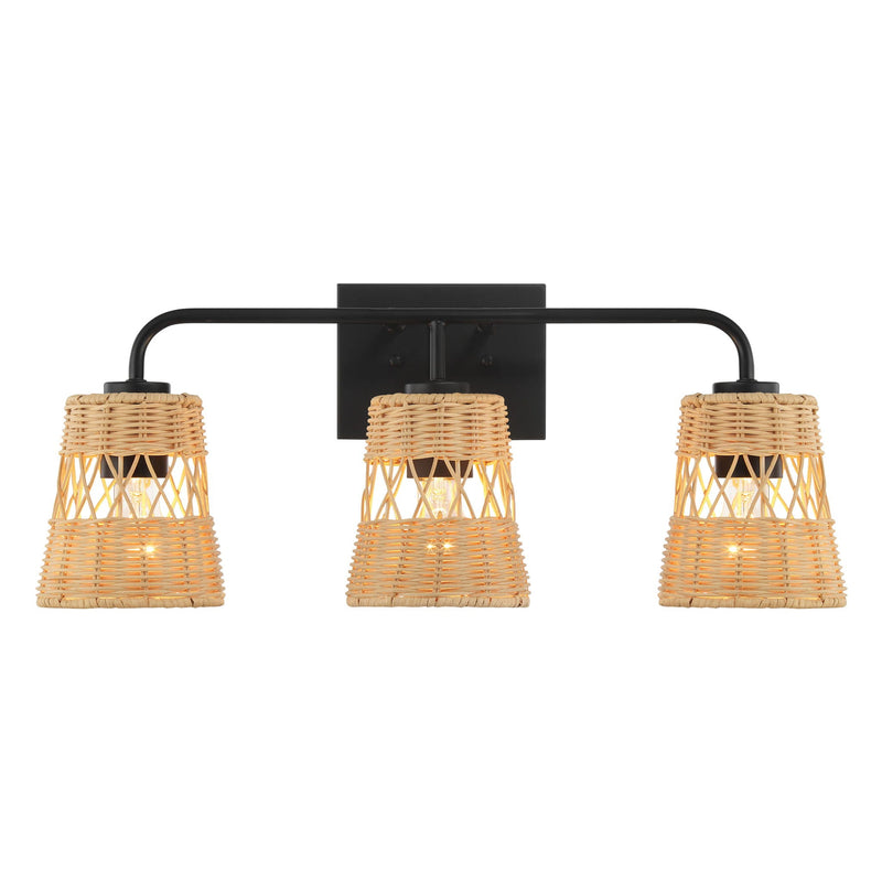 Moonlit - 3 Lights Wall Sconce With Shade, Bathroom Lighting Fixtures Over Mirror - Black / Rattan
