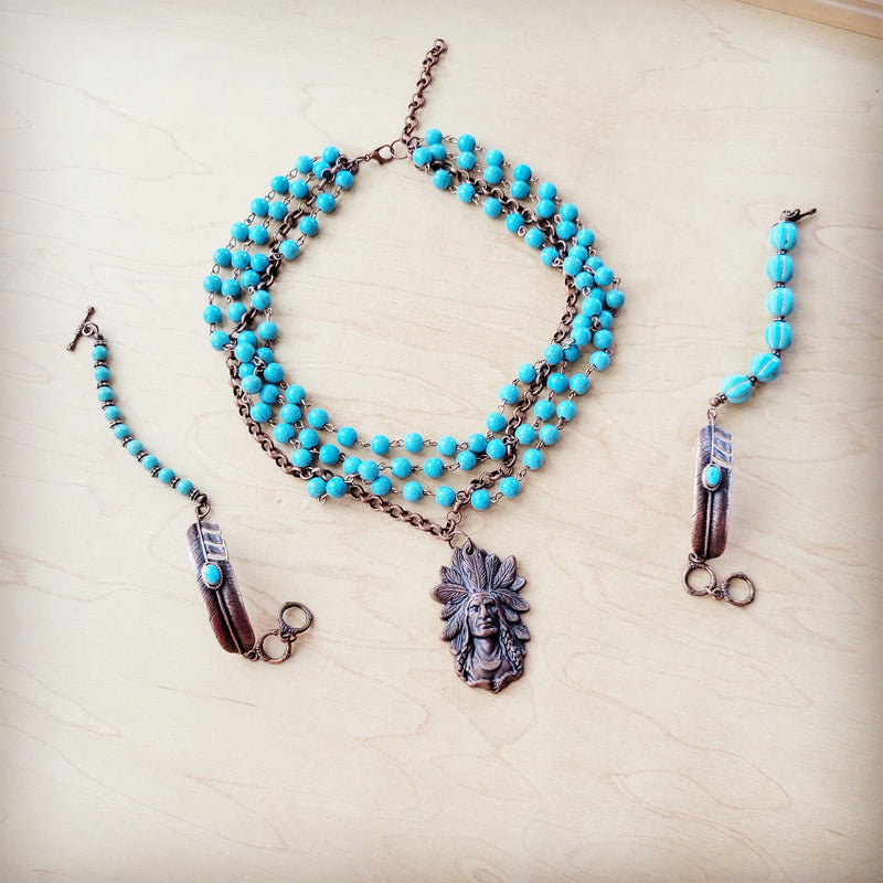 Round Blue Turquoise Beaded Bracelet on Copper Feather 810t