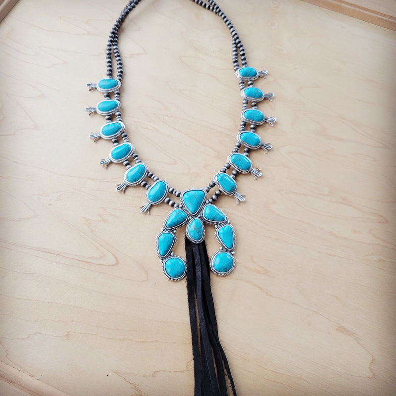 Turquoise Squash Blossom Necklace w/ Long Black Tassel 262b