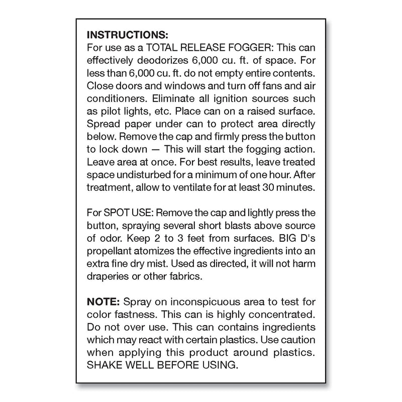 Big D Industries Odor Control Fogger, Mountain Air Scent, 5 oz Aerosol Spray, 12/Carton
