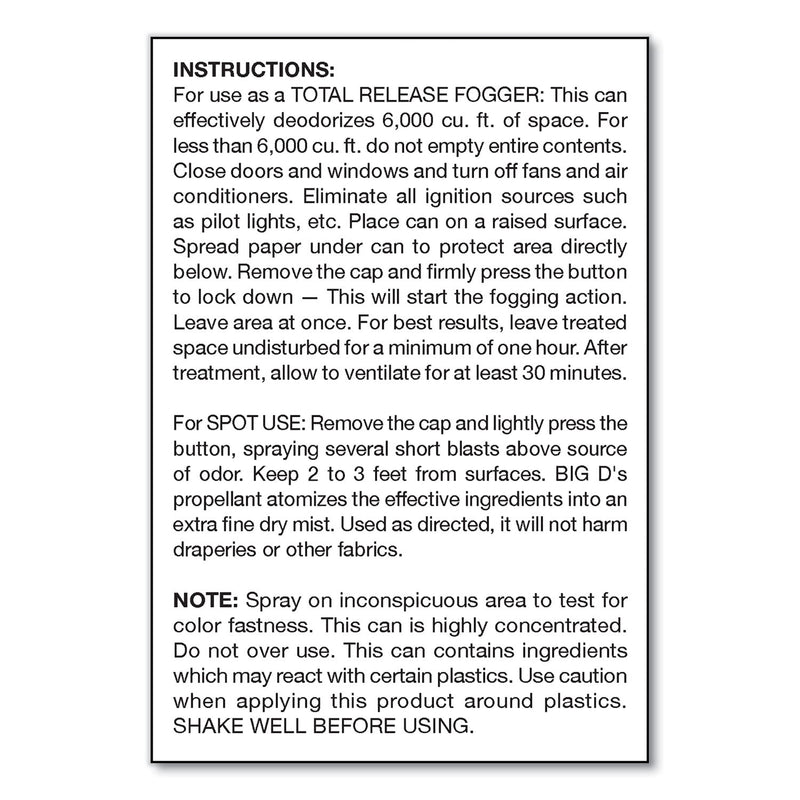 Big D Industries Odor Control Fogger, Original Scent, 5 oz Aerosol Spray, 12/Carton