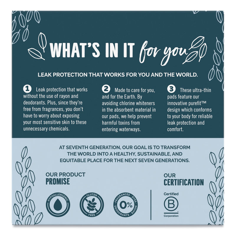 Seventh Generation Chlorine-Free Ultra Thin Pads with Wings, Overnight, 14/Pack, 6 Packs/Carton