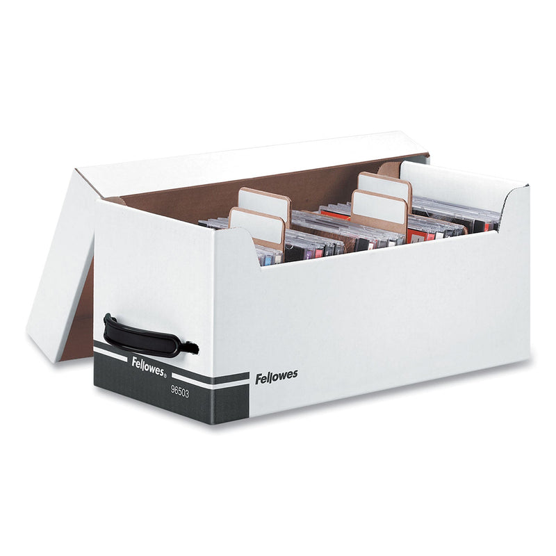 Fellowes Corrugated Media File, Holds 35 Standard Cases, White/Black