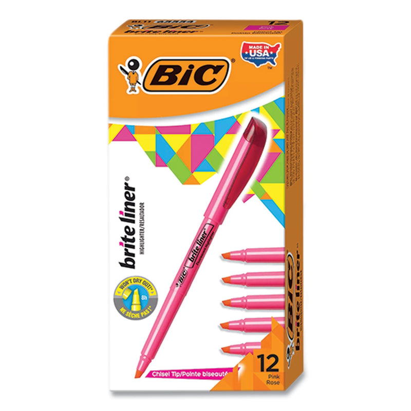 BIC Brite Liner Highlighter, Fluorescent Pink Ink, Chisel Tip, Pink/Black Barrel, Dozen