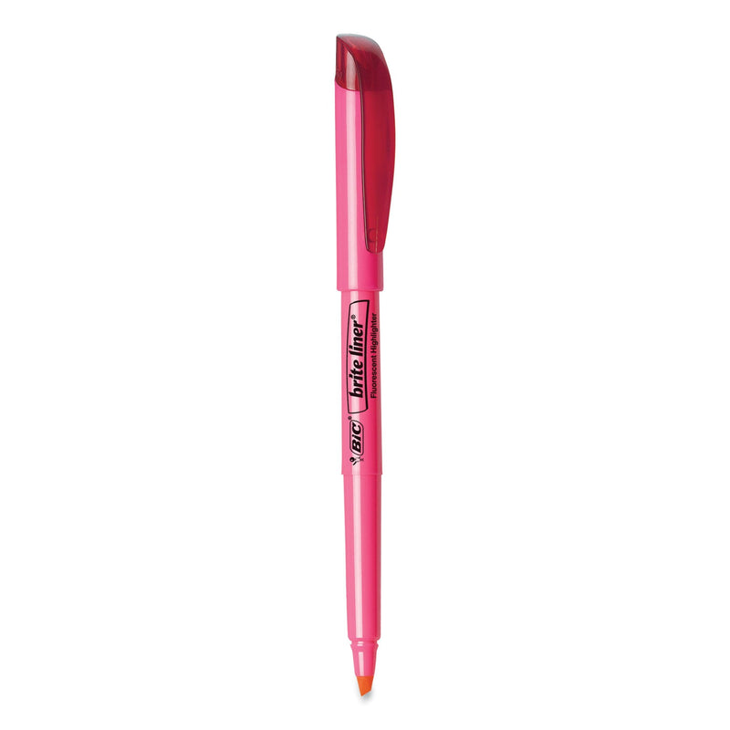 BIC Brite Liner Highlighter, Fluorescent Pink Ink, Chisel Tip, Pink/Black Barrel, Dozen