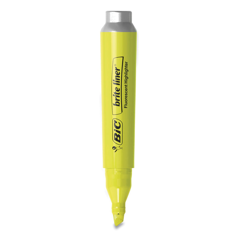 BIC Brite Liner Tank-Style Highlighter, Fluorescent Yellow Ink, Chisel Tip, Yellow/Black Barrel, Dozen