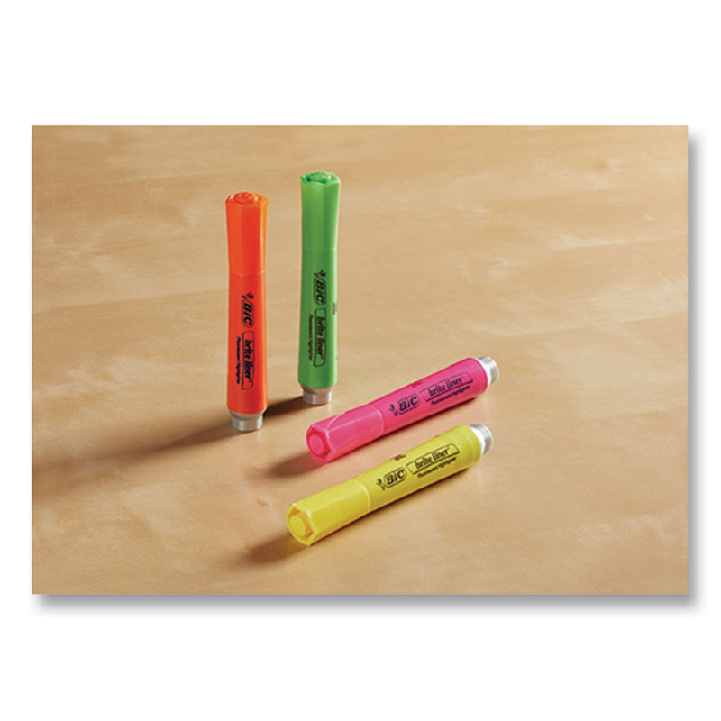 BIC Brite Liner Tank-Style Highlighter, Fluorescent Yellow Ink, Chisel Tip, Yellow/Black Barrel, Dozen