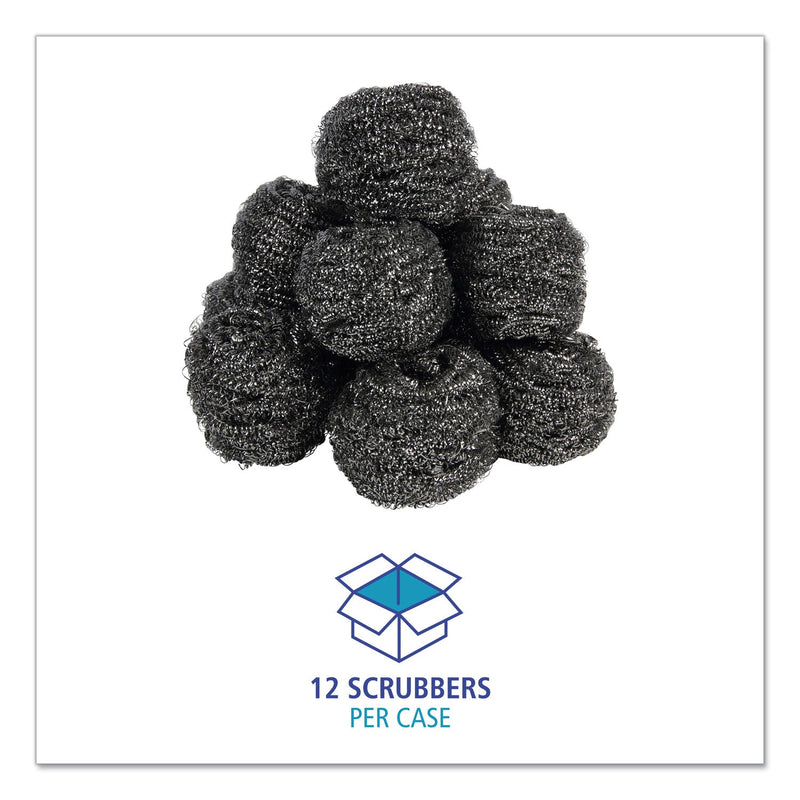 Boardwalk Stainless Steel Scrubber, Large Size, 2.5 x 2.75, Steel Gray, 12/Carton