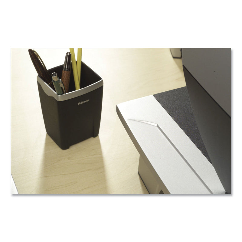 Fellowes Office Suites Divided Pencil Cup, Plastic, 3.13 x 3.13 x 4.25, Black/Silver
