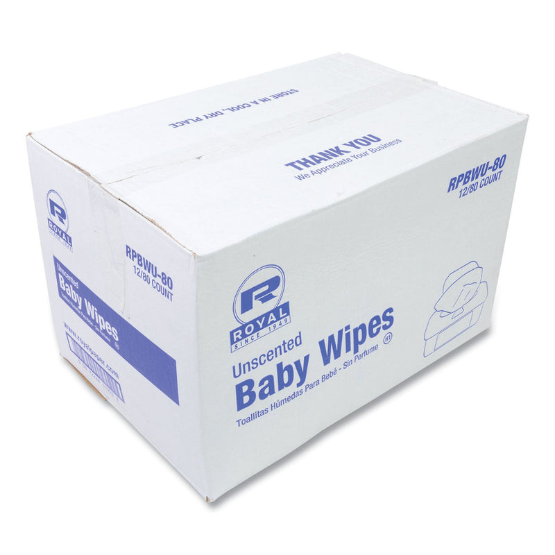 AmerCareRoyal Baby Wipes Tub, White, 80/Tub, 12/Carton