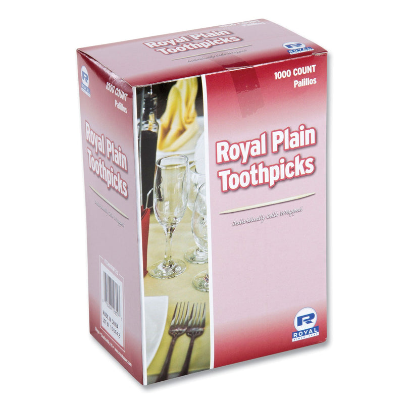 AmerCareRoyal Cello-Wrapped Round Wood Toothpicks, 2.5", Natural, 1,000/Box, 15 Boxes/Carton