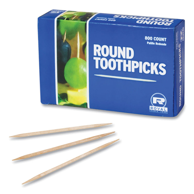 AmerCareRoyal Round Wood Toothpicks, 2.5", Natural, 800/Box, 24 Boxes/Carton