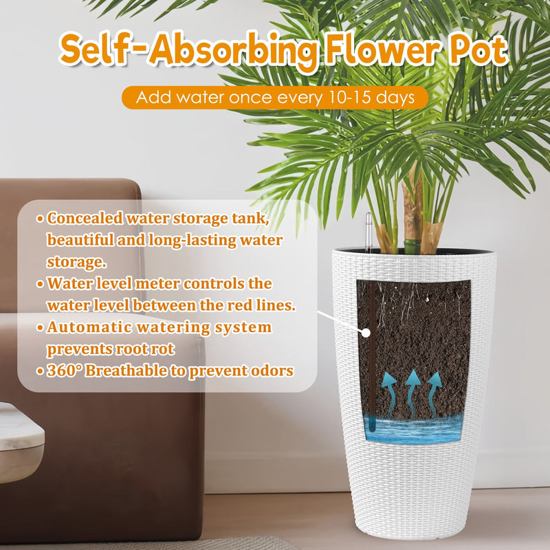 Faux Rattan Tall Planters Set with Water Level Monitor and Automatic Watering