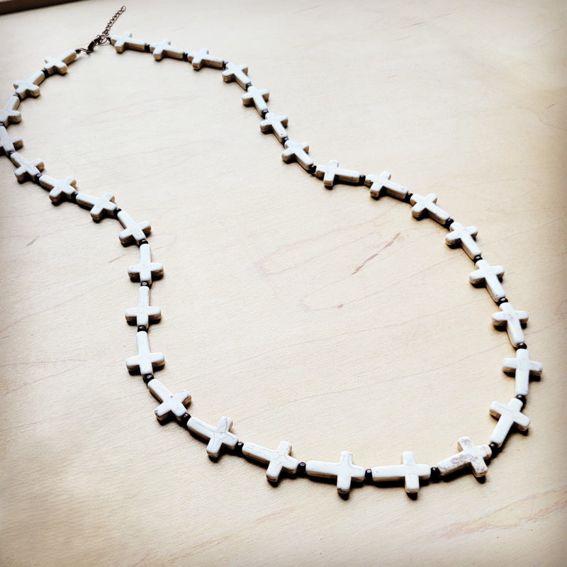 **White Turquoise & Wood Beaded Cross Necklace 258o