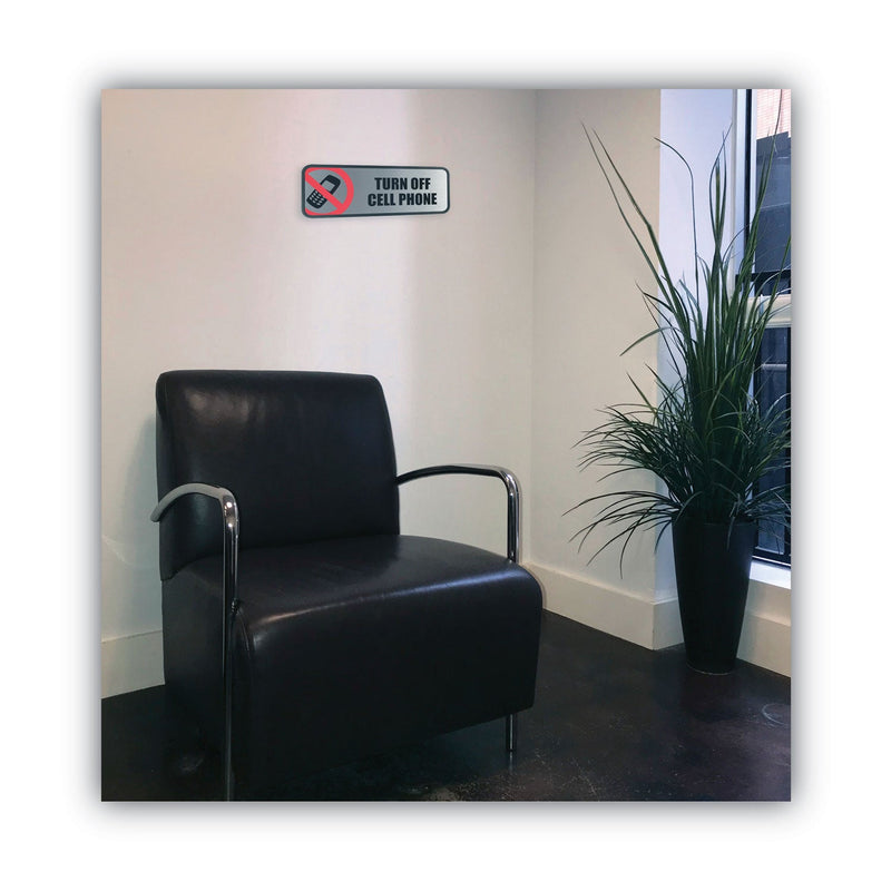 COSCO Brushed Metal Office Sign, Turn Off Cell Phone, 9 x 3, Silver/Red