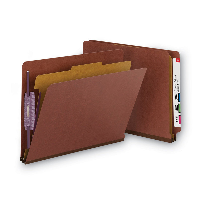 Smead End Tab Pressboard Classification Folders with SafeSHIELD Coated Fasteners, 1 Divider, Letter Size, Red, 10/Box