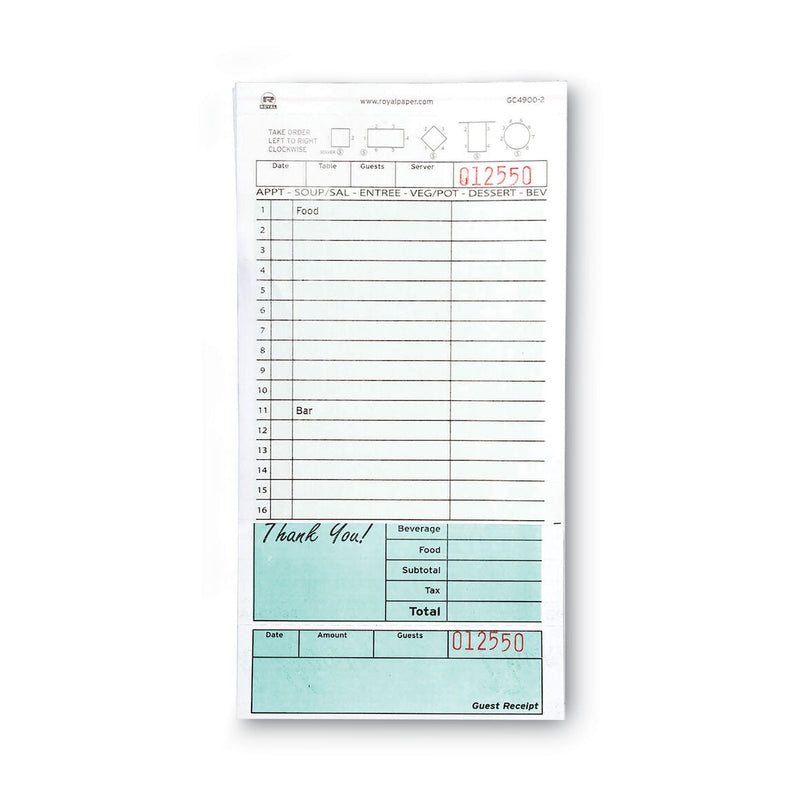 AmerCareRoyal Guest Check Book, Two-Part Carbonless, 4.2 x 8.6, 1/Page, 50 Forms/Book, 50 Books/Carton