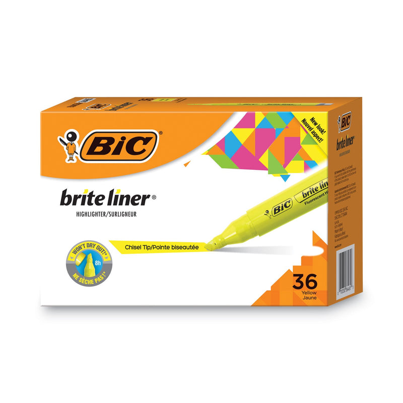 BIC Brite Liner Tank-Style Highlighter Value Pack, Yellow Ink, Chisel Tip, Yellow/Black Barrel, 36/Pack