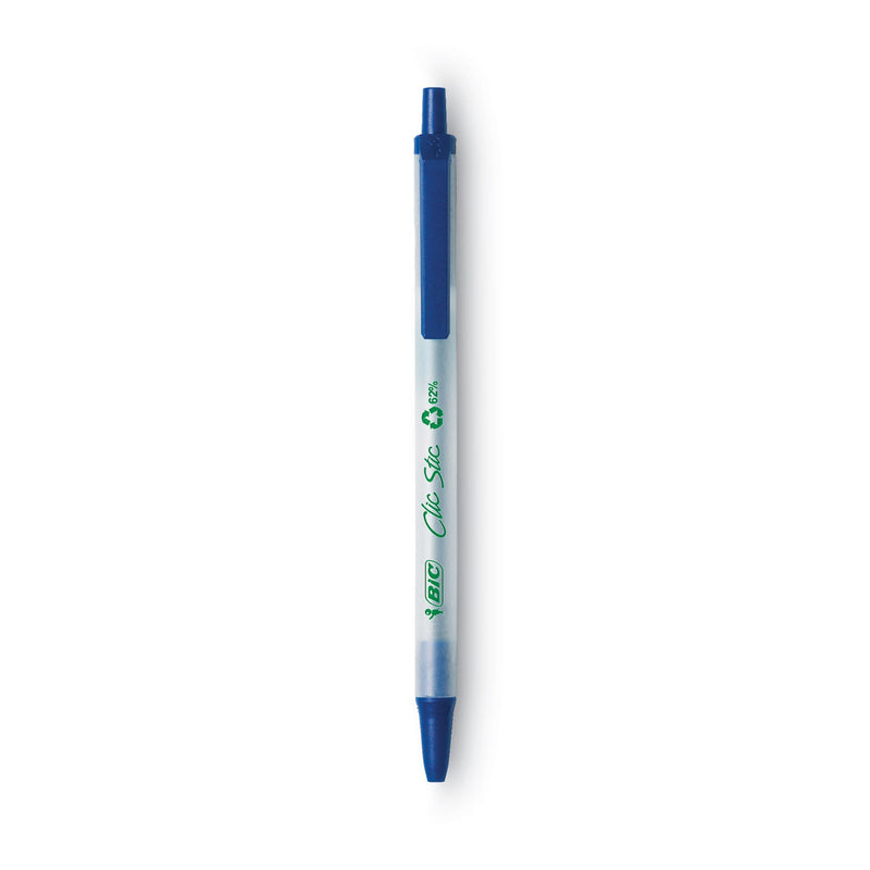BIC Ecolutions Clic Stic Ballpoint Pen, Retractable, Medium 1 mm, Blue Ink, Clear Barrel, Dozen