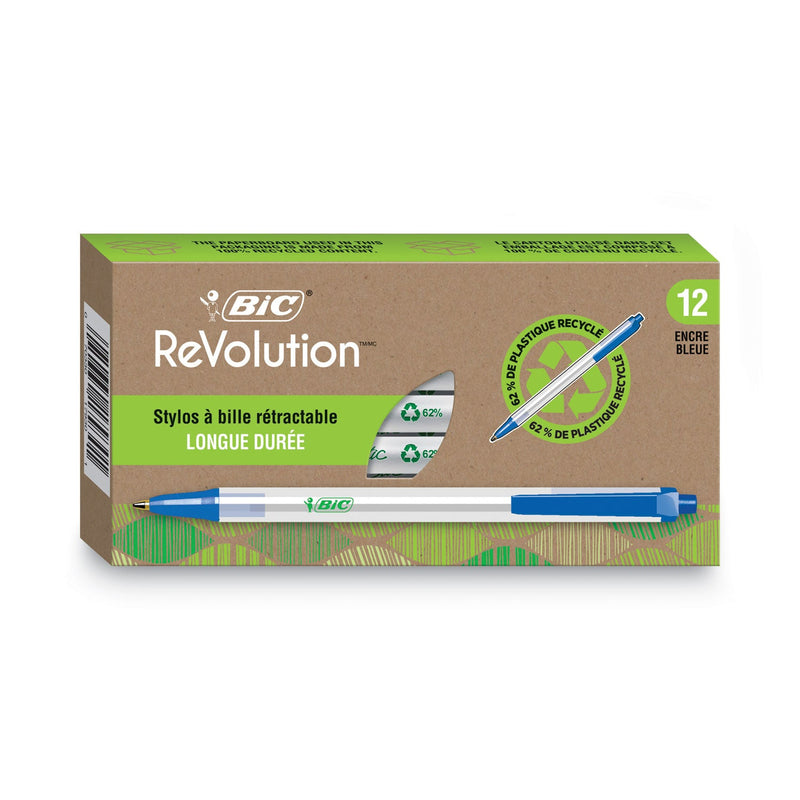 BIC Ecolutions Clic Stic Ballpoint Pen, Retractable, Medium 1 mm, Blue Ink, Clear Barrel, Dozen
