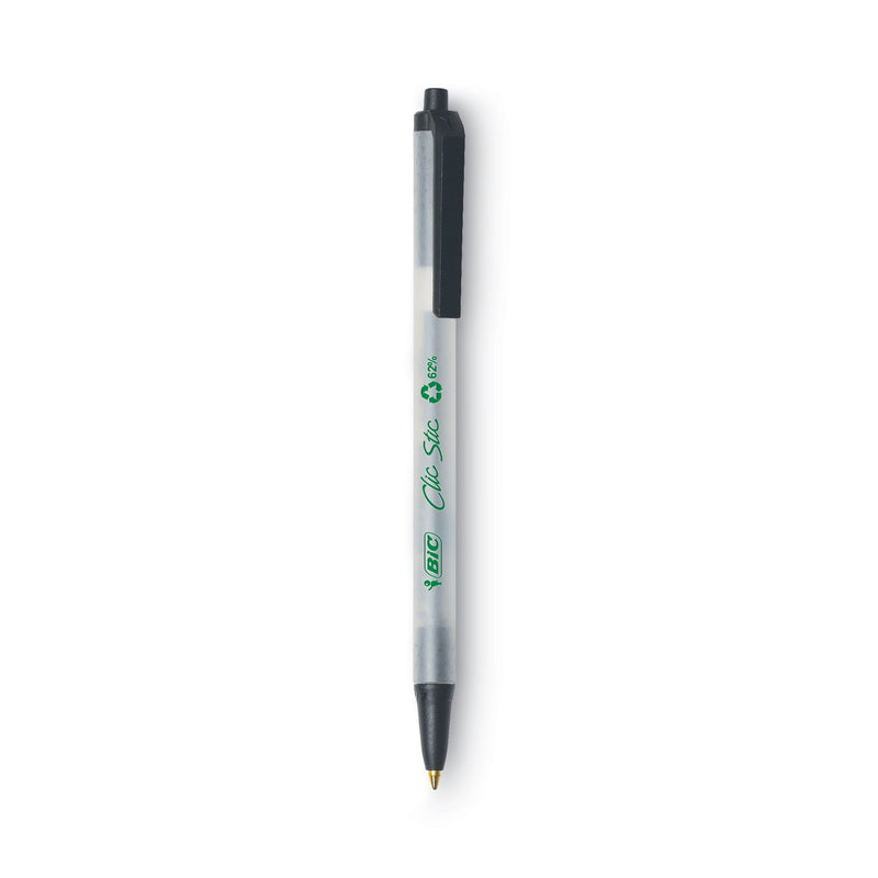 BIC Ecolutions Clic Stic Ballpoint Pen, Retractable, Medium 1 mm, Black Ink, Clear Barrel, Dozen