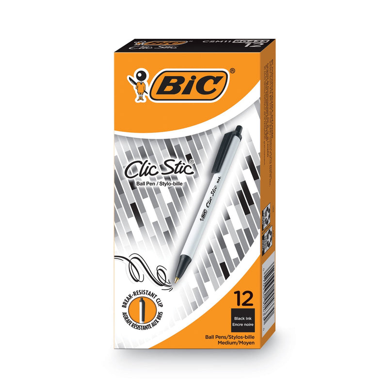 BIC Clic Stic Ballpoint Pen, Retractable, Medium 1 mm, Black Ink, White Barrel, Dozen