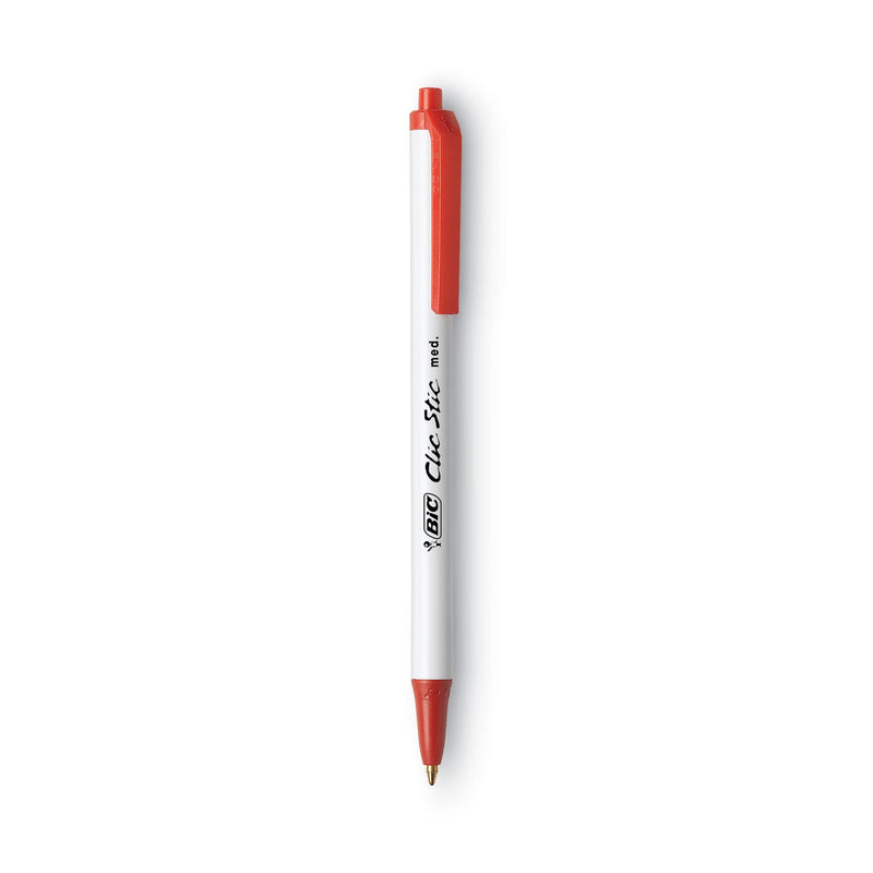 BIC Clic Stic Ballpoint Pen, Retractable, Medium 1 mm, Red Ink, White Barrel, Dozen