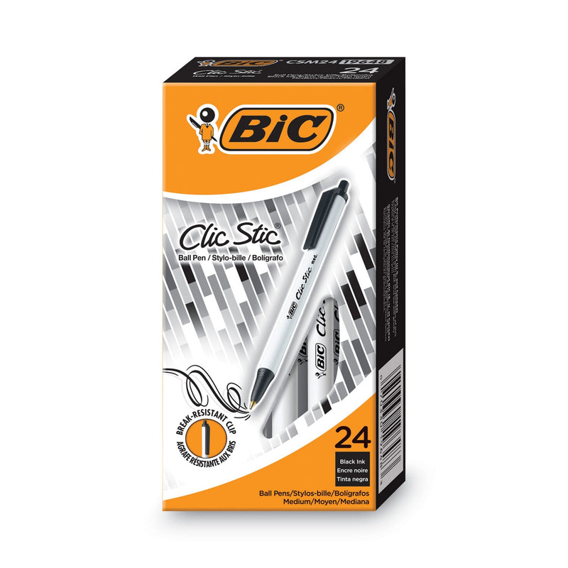 BIC Clic Stic Ballpoint Pen Value Pack, Retractable, Medium 1 mm, Black Ink, White Barrel, 24/Pack