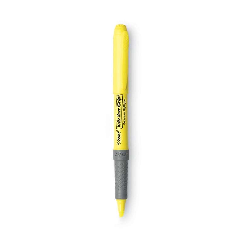 BIC Brite Liner Grip Pocket Highlighter, Fluorescent Yellow Ink, Chisel Tip, Yellow/Black/Silver Barrel, Dozen