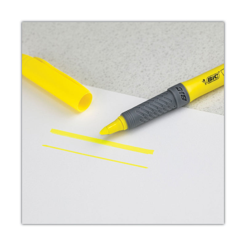 BIC Brite Liner Grip Pocket Highlighter, Fluorescent Yellow Ink, Chisel Tip, Yellow/Black/Silver Barrel, Dozen