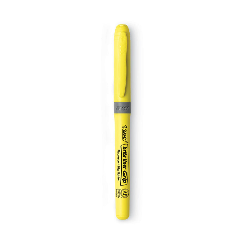 BIC Brite Liner Grip Pocket Highlighter, Fluorescent Yellow Ink, Chisel Tip, Yellow/Black/Silver Barrel, Dozen