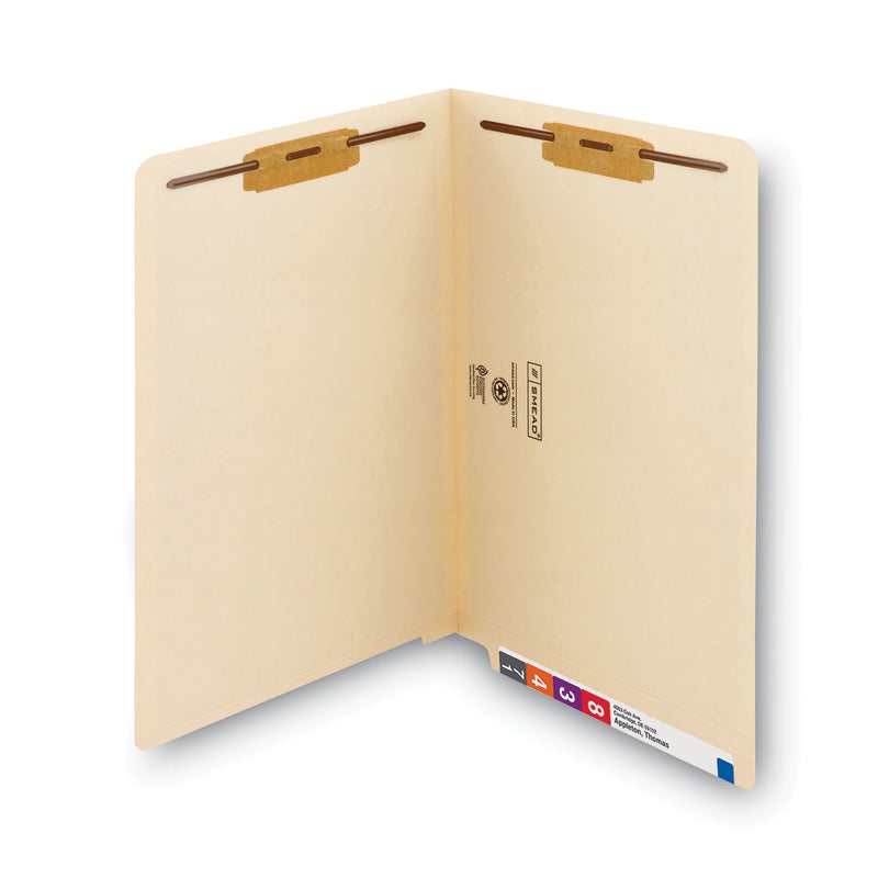 Smead Manila End Tab Fastener Folders with Reinforced Tabs, 11-pt Stock, 2 Fasteners, Legal Size, Manila Exterior, 50/Box