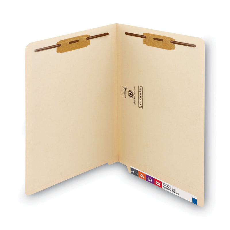 Smead Manila End Tab Fastener Folders with Reinforced Tabs, 14-pt Stock, 2 Fasteners, Letter Size, Manila Exterior, 50/Box