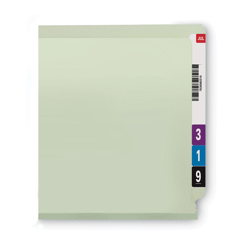 Smead End Tab Pressboard Classification Folders with Two SafeSHIELD Coated Fasteners, 1" Expansion, Legal Size, Gray-Green, 25/Box