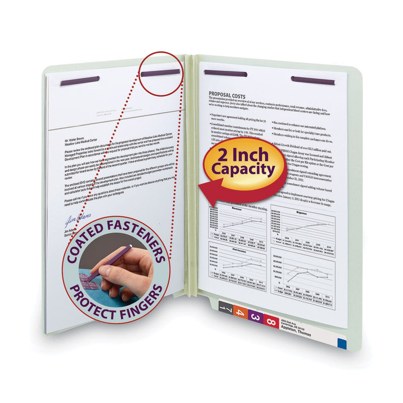 Smead End Tab Pressboard Classification Folders with Two SafeSHIELD Coated Fasteners, 2" Expansion, Letter Size, Gray-Green, 25/Box