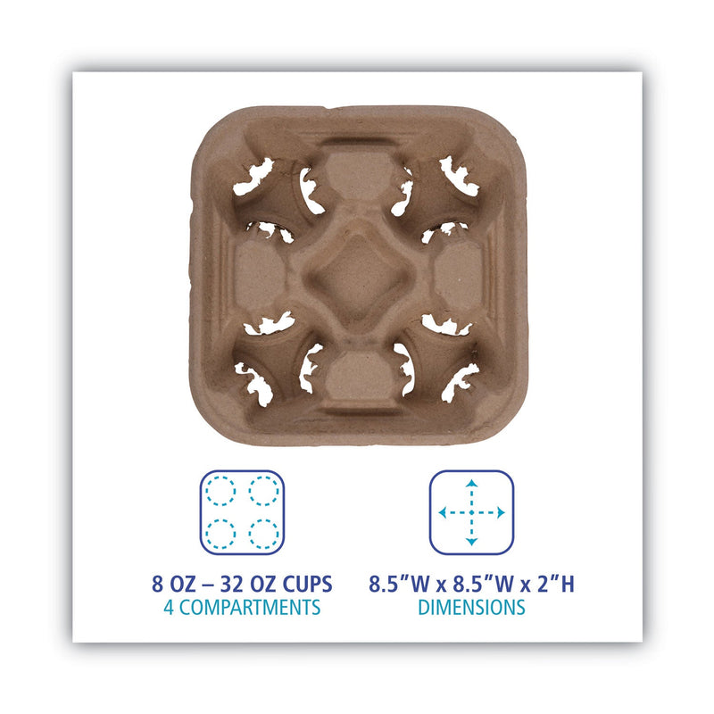 Boardwalk Cup Carrier Tray, 8 oz to 32 oz, Four Cups, Kraft, 300/Carton