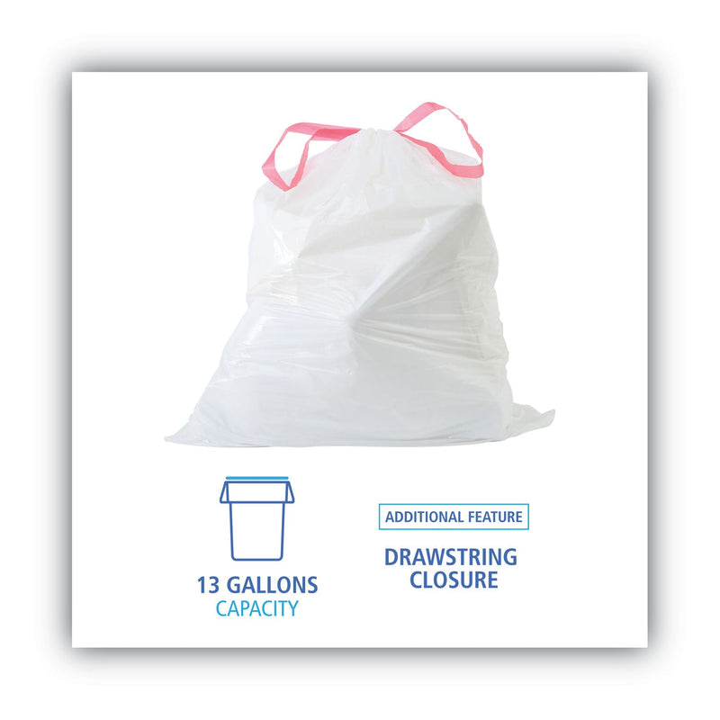 Boardwalk Drawstring Kitchen Bags, 13 gal, 0.8 mil, White, 50 Bags/Roll, 2 Rolls/Carton